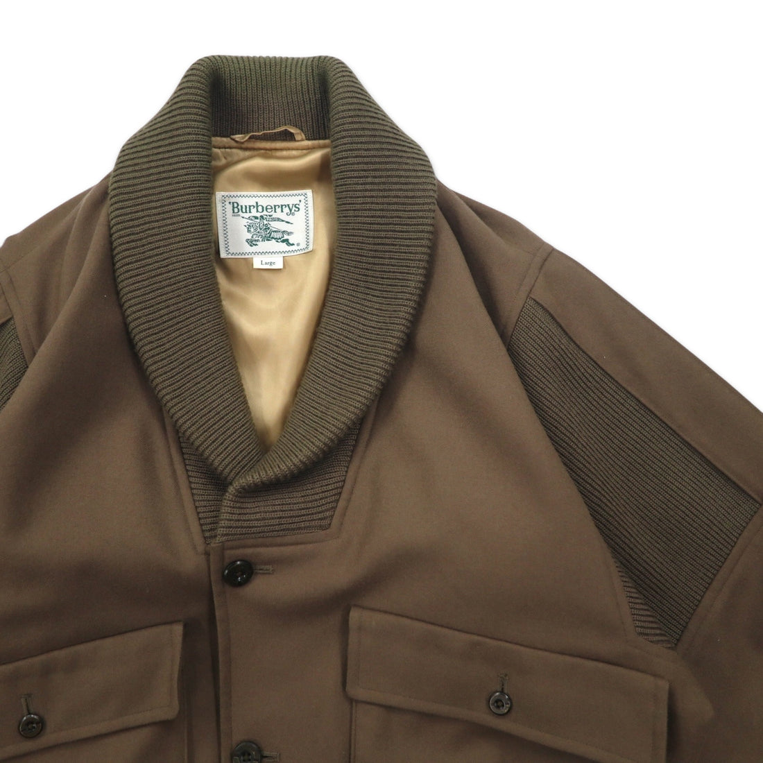 Burberrys Shawl Collar A-1 Military Jacket Blouson L Brown Ribbed Wool Knit Logo Embroidery