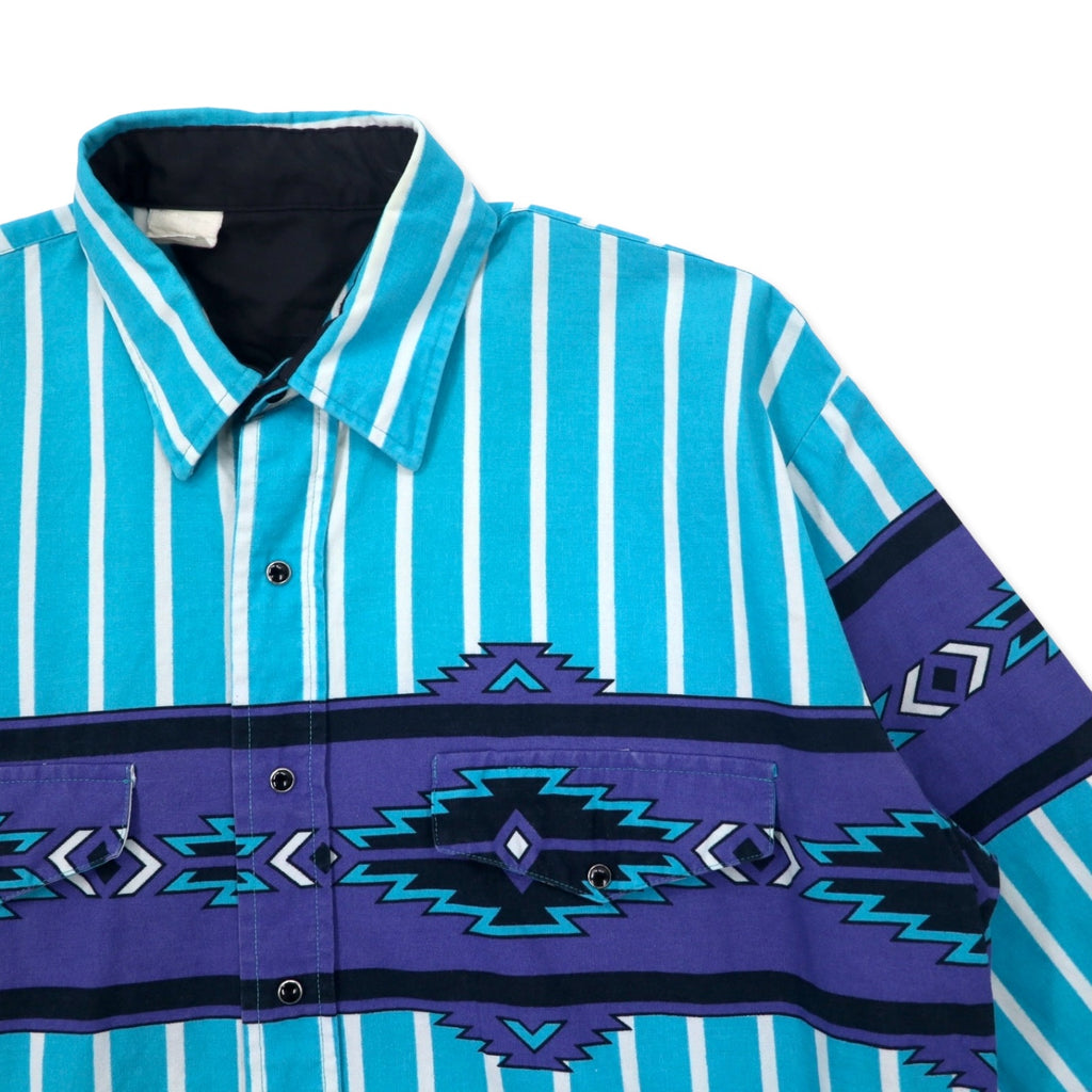Vintage Western Shirts Made in USA Vintage Western Shirt L Blue Stripe Chimayo Pattern Cotton Big Size