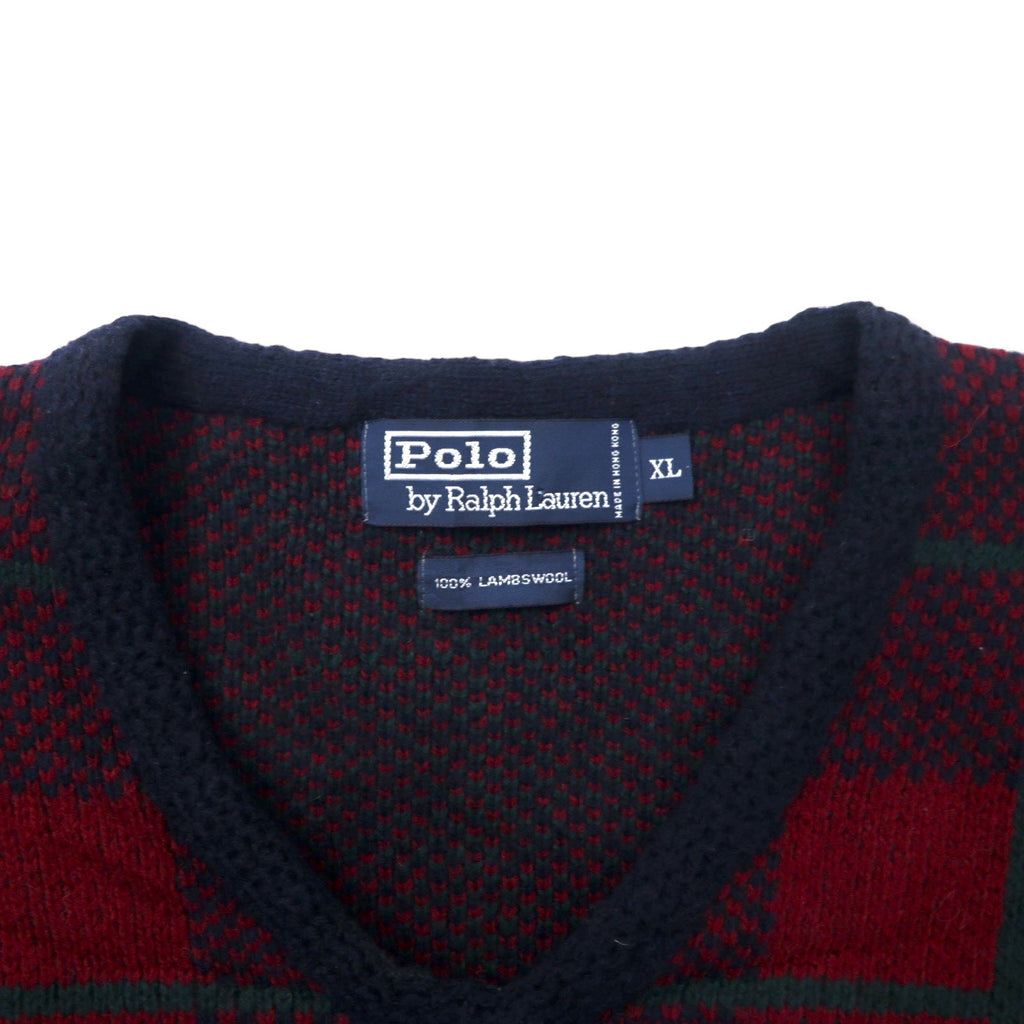 Polo by Ralph Lauren V-Neck Knit Sweater XL Navy Check Lambswool
