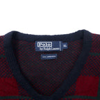 Polo by Ralph Lauren V-Neck Knit Sweater XL Navy Check Lambswool
