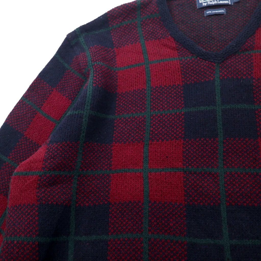 Polo by Ralph Lauren V-Neck Knit Sweater XL Navy Check Lambswool