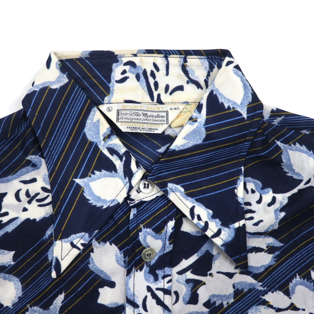 Sears 70s Made in Canada Long Collar Print Shirt Poly Shirt L Navy Floral Collar Stuffer CHEMISE SPORT