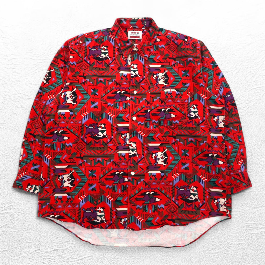 Vintage Japan Made Retro Shirt CALICO BALL ネイティブ柄 シャツ FREE レッド 日本製