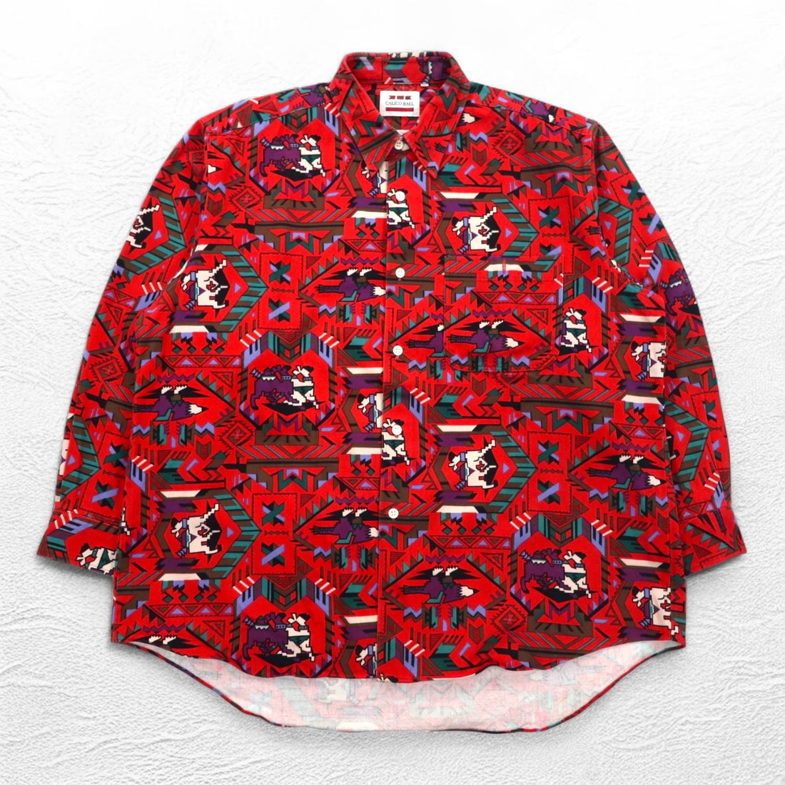 Vintage Japan Made Retro Shirt CALICO BALL ネイティブ柄 シャツ FREE レッド 日本製