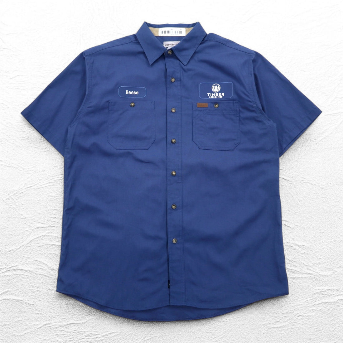 Carhartt Short Sleeve Work Shirt L Navy Chest Pocket US Company Embroidery TIMBER AUTOMATION 384-19