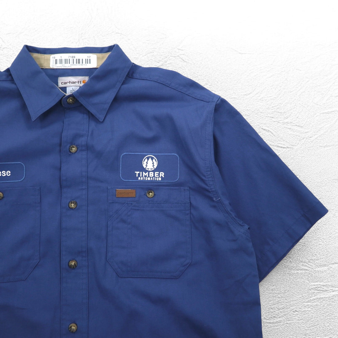 Carhartt Short Sleeve Work Shirt L Navy Chest Pocket US Company Embroidery TIMBER AUTOMATION 384-19