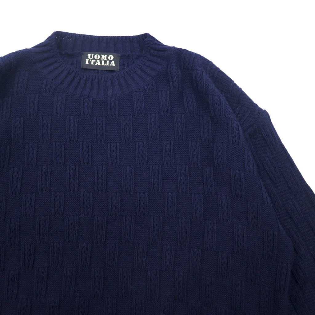 Vintage 90s Jacquard Knit UOMO ITALIA Acrylic Knit Block Check Jacquard Sweater M Navy