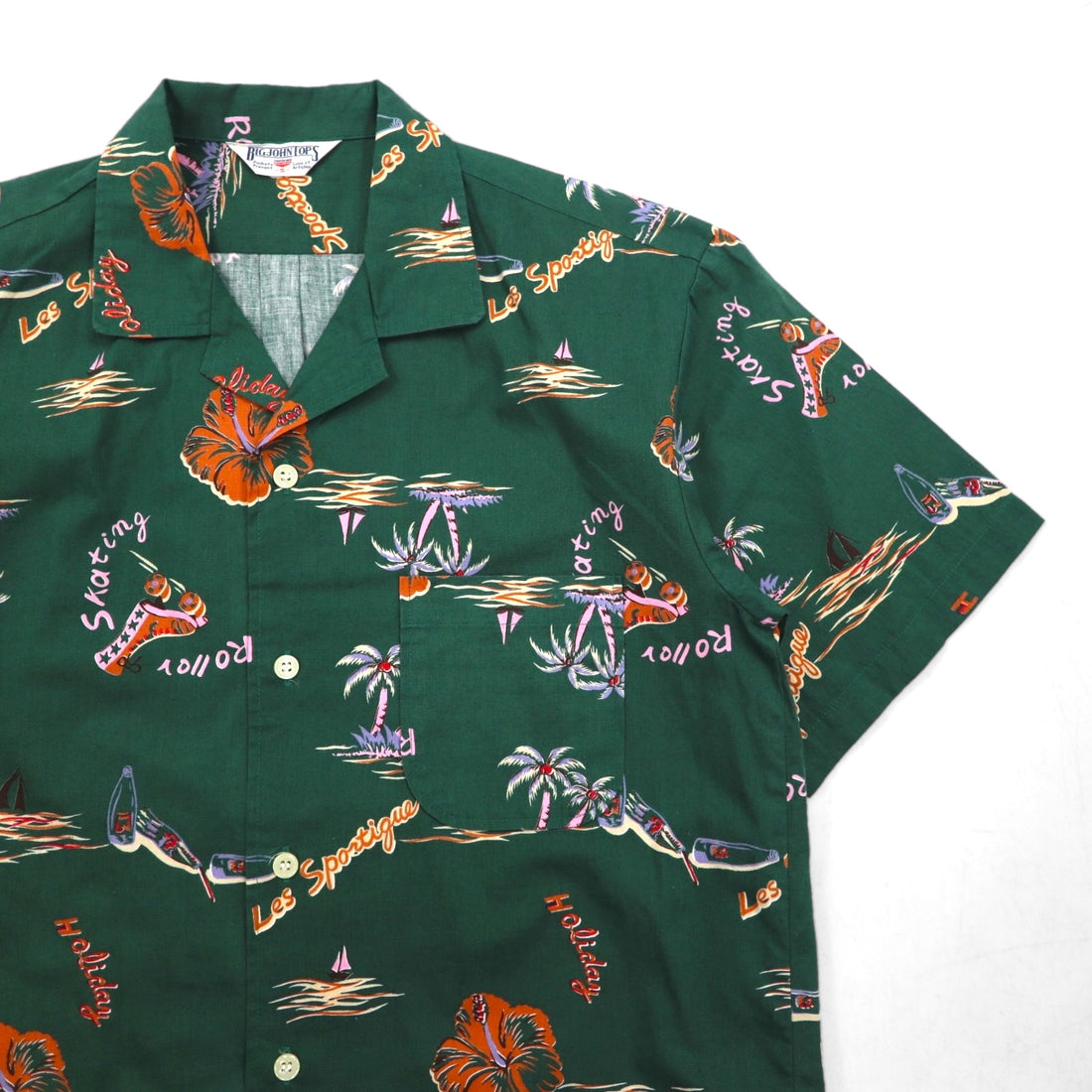 BIG JOHN 90s Open Collar Aloha Shirt, Box Shirt, Size S, Green, Cotton, All-Over Print, Beach