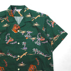 BIG JOHN 90s Open Collar Aloha Shirt, Box Shirt, Size S, Green, Cotton, All-Over Print, Beach