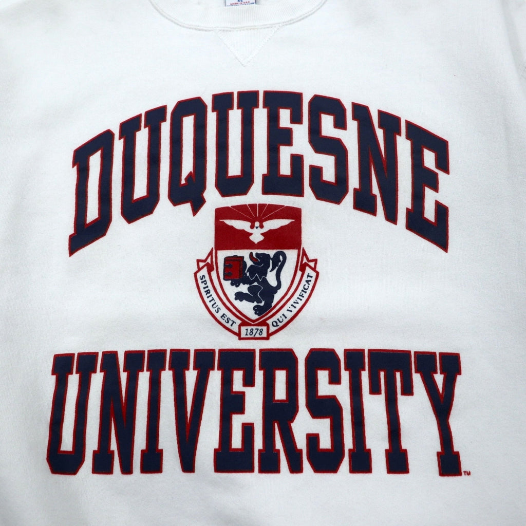 Made in USA 90s RUSSELL ATHLETIC College Print Sweatshirt XL White Cotton Arch Logo 3-Layer Print DUQUESNE UNIVERSITY