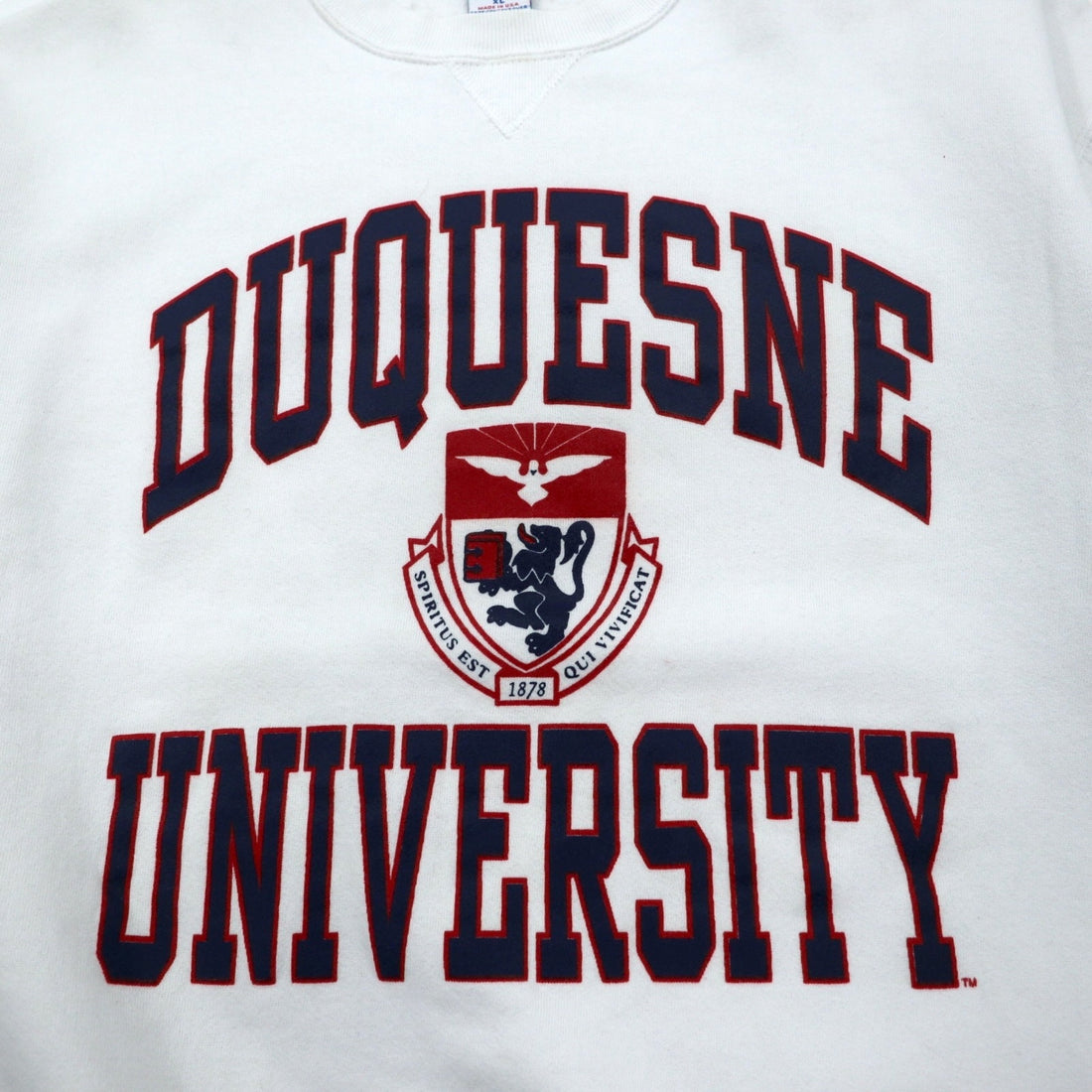 Made in USA 90s RUSSELL ATHLETIC College Print Sweatshirt XL White Cotton Arch Logo 3-Layer Print DUQUESNE UNIVERSITY