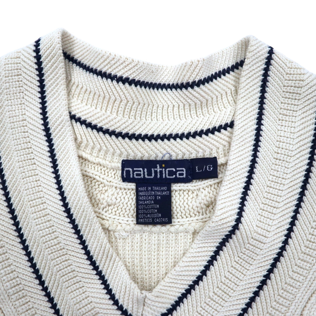 nautica 90s Tilden Knit V-Neck Sweater, Large, Cream, Cotton, Cable Knit