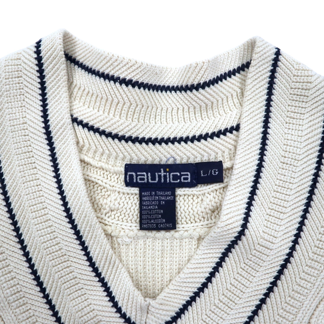 nautica 90s Tilden Knit V-Neck Sweater, Large, Cream, Cotton, Cable Knit