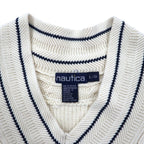 nautica 90s Tilden Knit V-Neck Sweater, Large, Cream, Cotton, Cable Knit