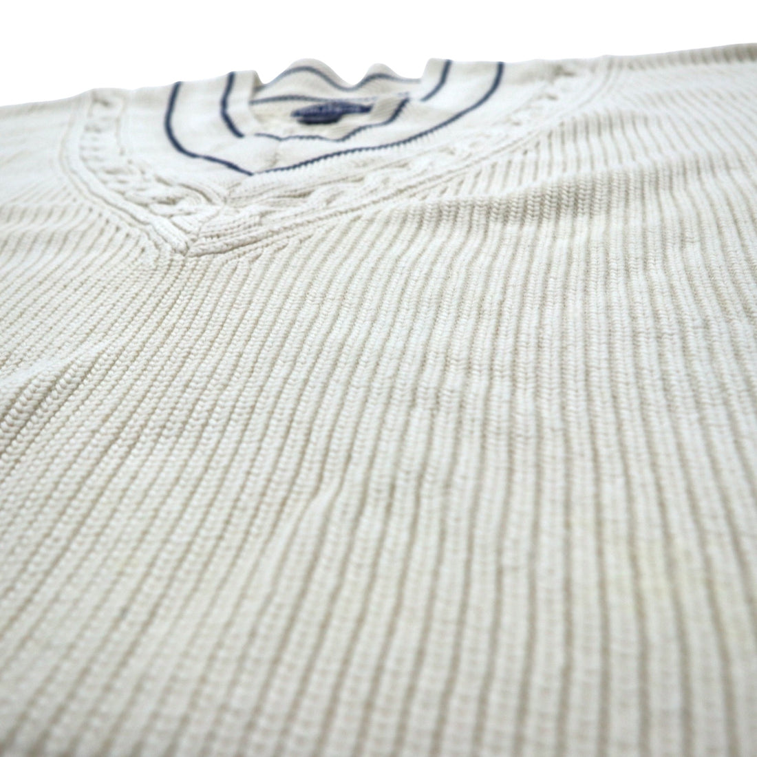 nautica 90s Tilden Knit V-Neck Sweater, Large, Cream, Cotton, Cable Knit