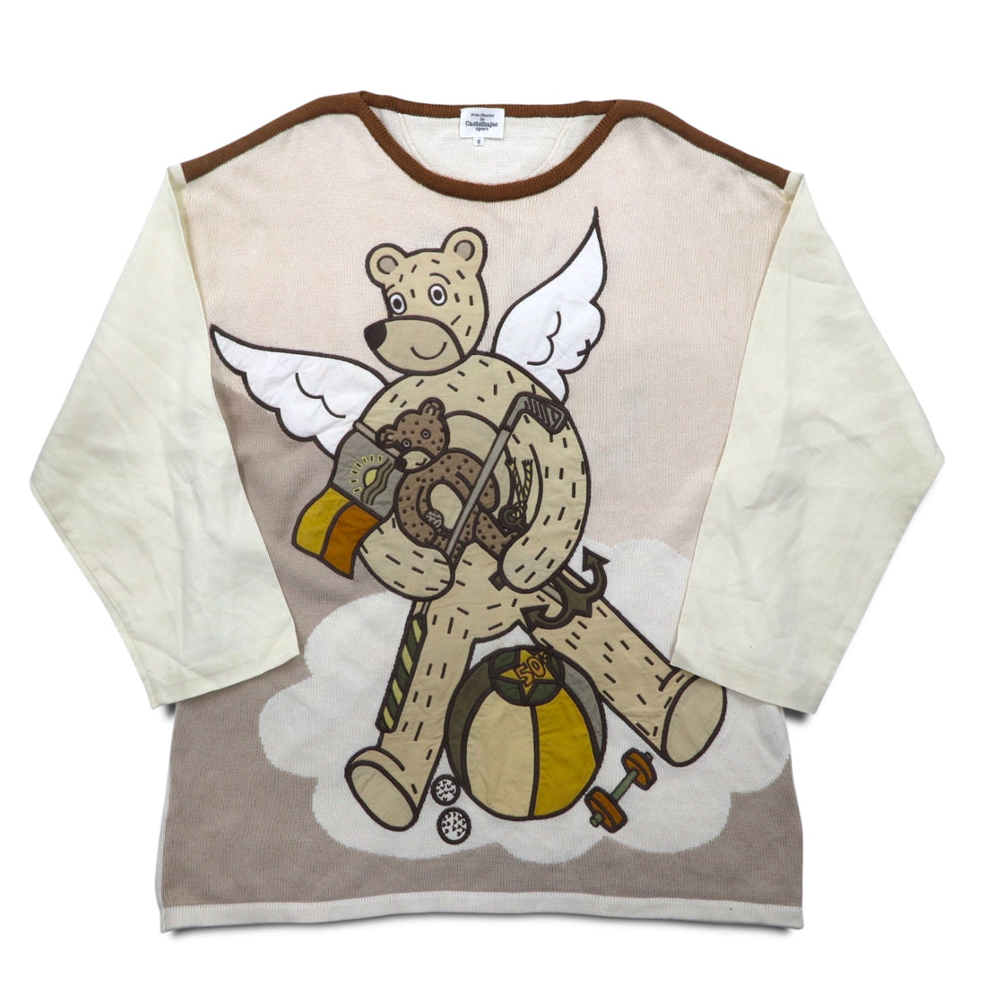 Castelbajac sport 90s patterned knit sweater, M, beige, linen, character, made in Japan