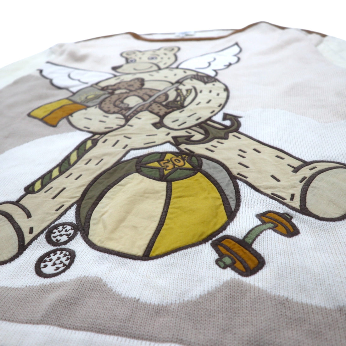 Castelbajac sport 90s patterned knit sweater, M, beige, linen, character, made in Japan