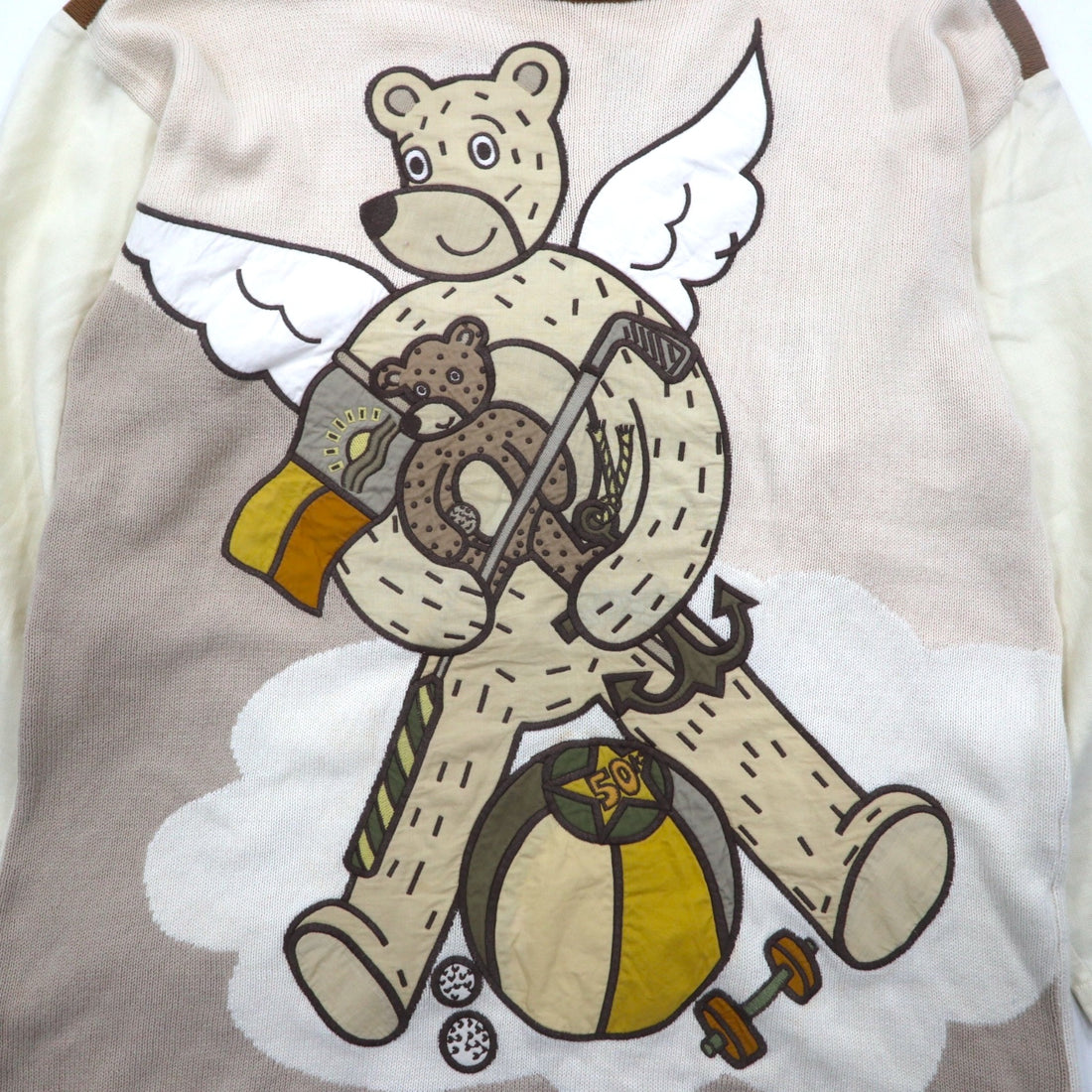 Castelbajac sport 90s patterned knit sweater, M, beige, linen, character, made in Japan