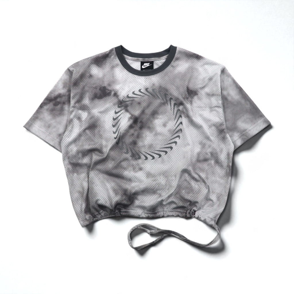 NIKE Mesh Crop Top, S/S, Tie-Dye Polyester, Gray, Size XL, CZ9325-084