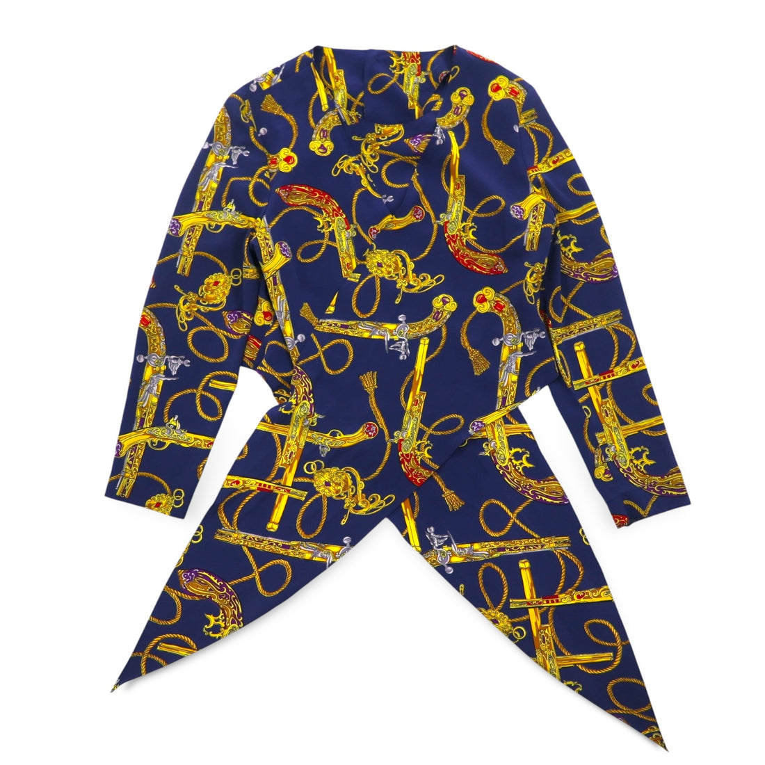 Vintage 90s Retro Blouse 前結び クロップド シャツ レトロ ブラウス M ネイビー バックボタン 金ボタン スカーフ 総柄 裾リボン結び