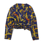 Vintage 90s Retro Blouse 前結び クロップド シャツ レトロ ブラウス M ネイビー バックボタン 金ボタン スカーフ 総柄 裾リボン結び