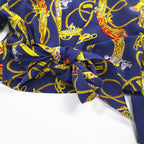 Vintage 90s Retro Blouse 前結び クロップド シャツ レトロ ブラウス M ネイビー バックボタン 金ボタン スカーフ 総柄 裾リボン結び