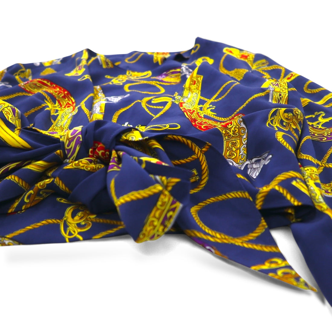 Vintage 90s Retro Blouse 前結び クロップド シャツ レトロ ブラウス M ネイビー バックボタン 金ボタン スカーフ 総柄 裾リボン結び