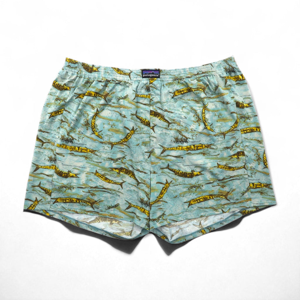 Patagonia 2000s Made in USA Capilene Trunks Shorts, Size L, Blue, All-Over Fish Print, 45111