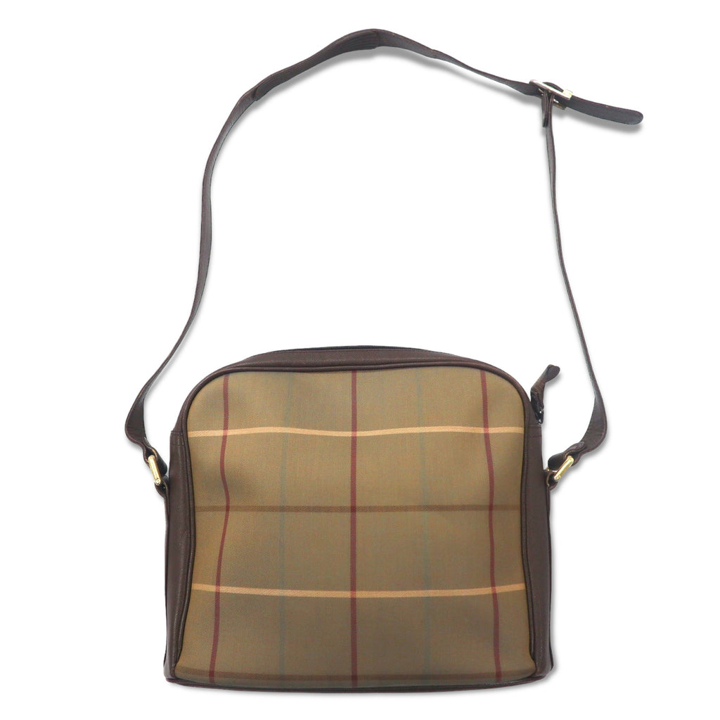 Burberrys Old Window Pen Check Shoulder Bag Beige Beaded Nylon Canvas Leather
