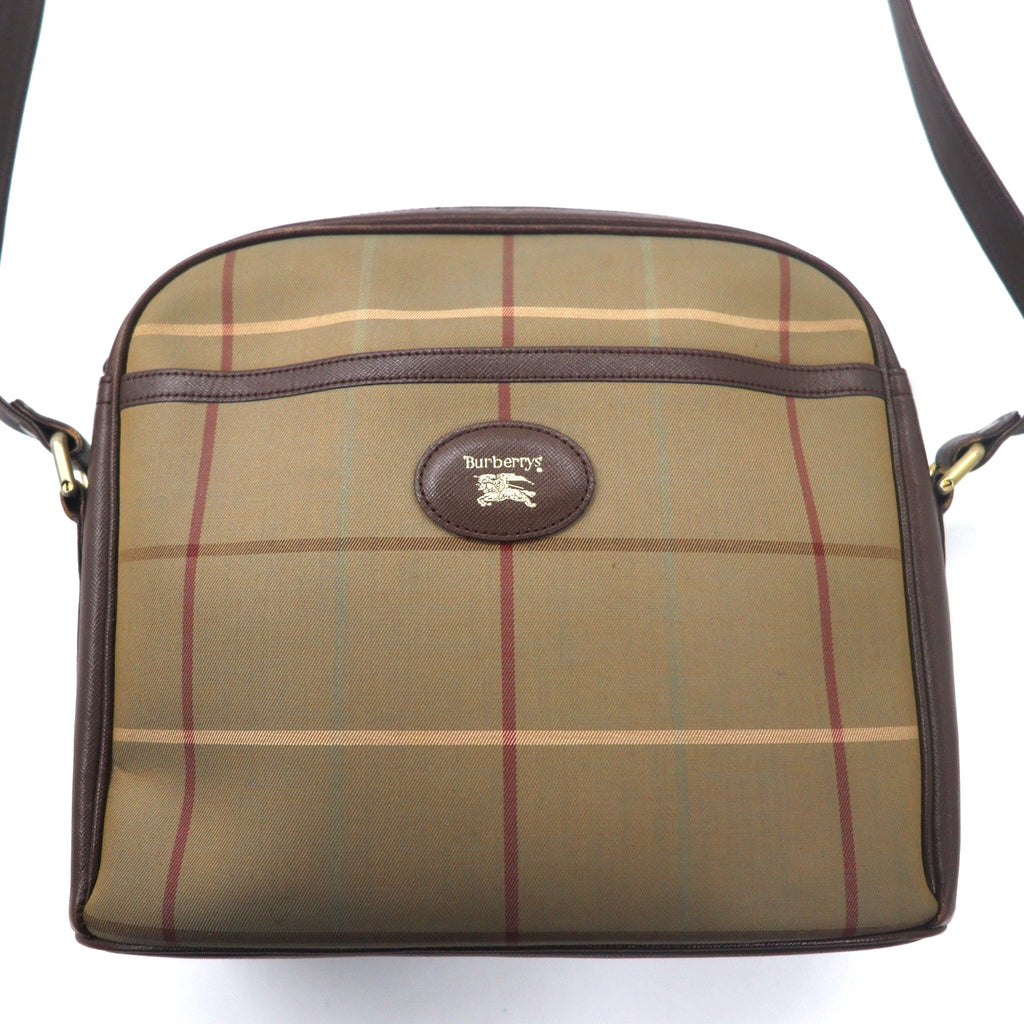 Burberrys Old Window Pen Check Shoulder Bag Beige Beaded Nylon Canvas Leather