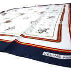 CELINE Made in Italy Old Scarf Navy White Silk Horse Harness All-over Pattern Unused