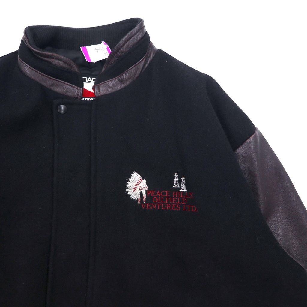 CANADA SPORTSWEAR Made in Canada Leather Sleeve Stadium Jacket XL Black Wool Leather Embroidery PEACE HILLS