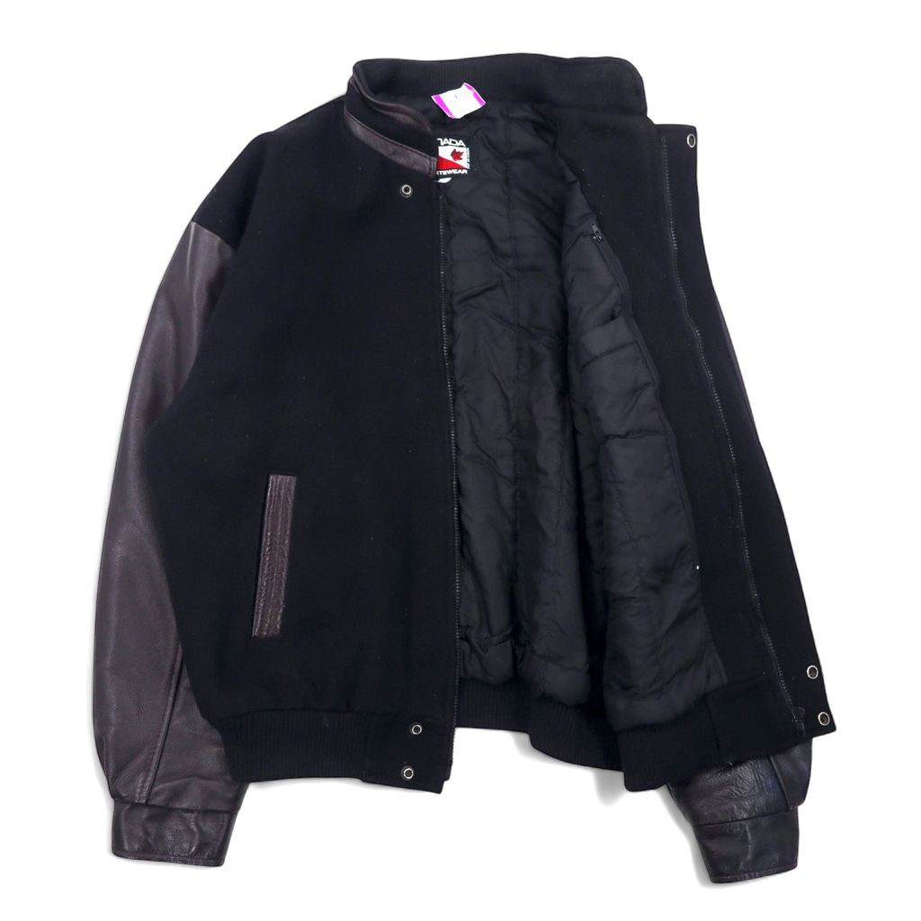 CANADA SPORTSWEAR Made in Canada Leather Sleeve Stadium Jacket XL Black Wool Leather Embroidery PEACE HILLS