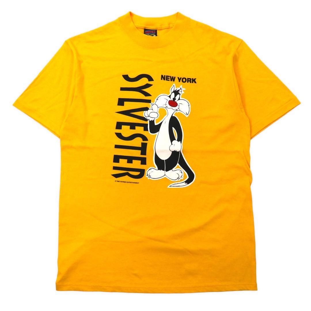 SOFFE'S Made in USA 90's Character Print T-shirt L Yellow Cotton TIME-WARNER ENTERTAINMENT Sylvester Cat LOONEY TUNES Big Size