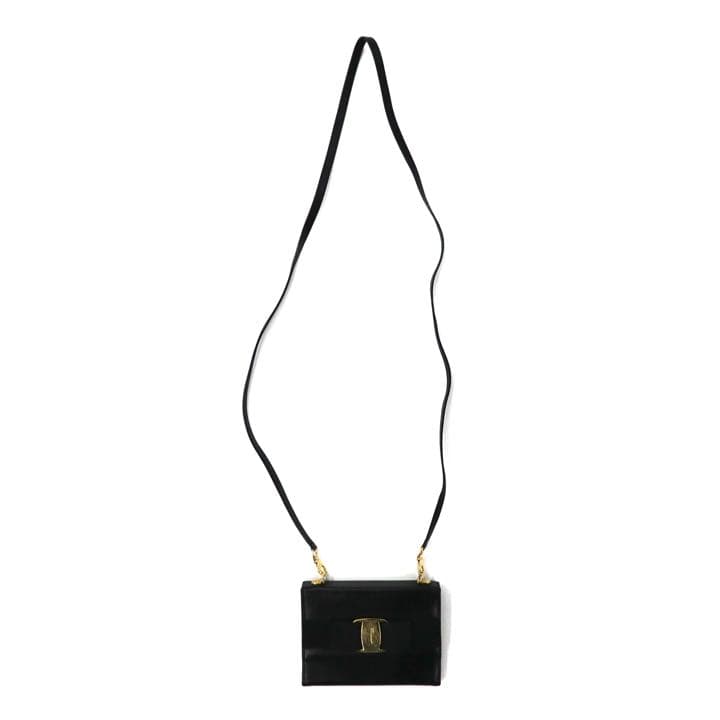 Salvatore Ferragamo Wallet with Shoulder Strap Black Leather 22 5619 Vara Bow Made in Italy