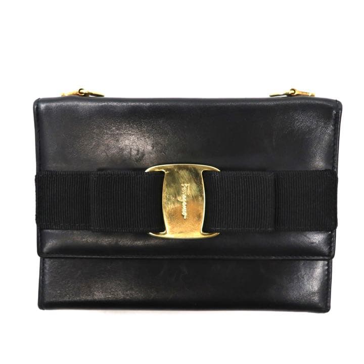 Salvatore Ferragamo Wallet with Shoulder Strap Black Leather 22 5619 Vara Bow Made in Italy