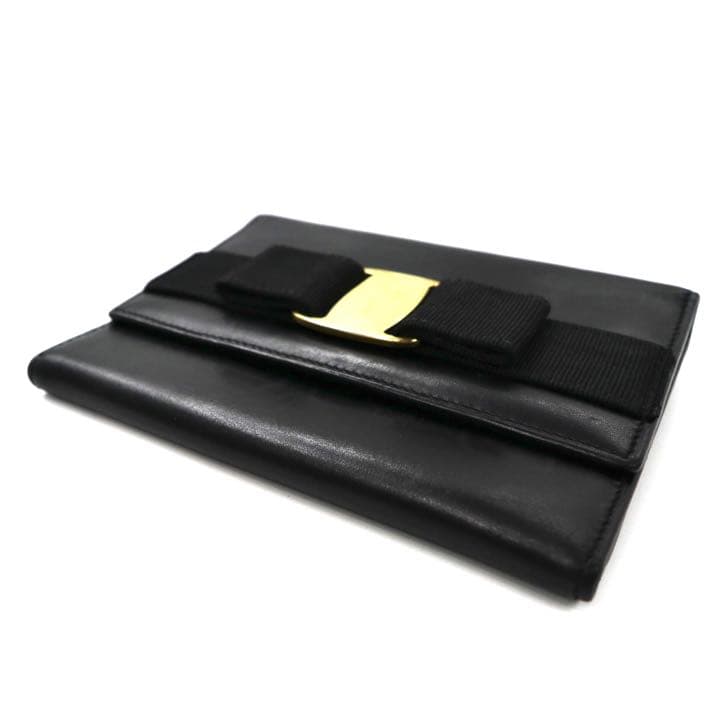 Salvatore Ferragamo Wallet with Shoulder Strap Black Leather 22 5619 Vara Bow Made in Italy