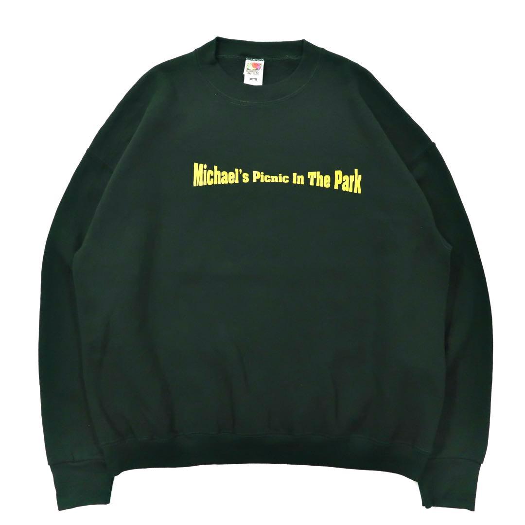 FRUIT OF THE LOOM Big Size Printed Sweatshirt XXL Green Cotton Brushed Back Michael's Picnic In The Park 90's Made in Mexico