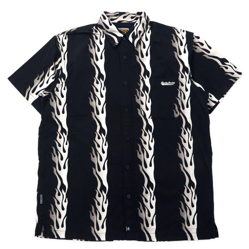 FREAKY 90's Fire Pattern Short Sleeve Shirt Aloha Shirt L Black Cotton All Over Pattern