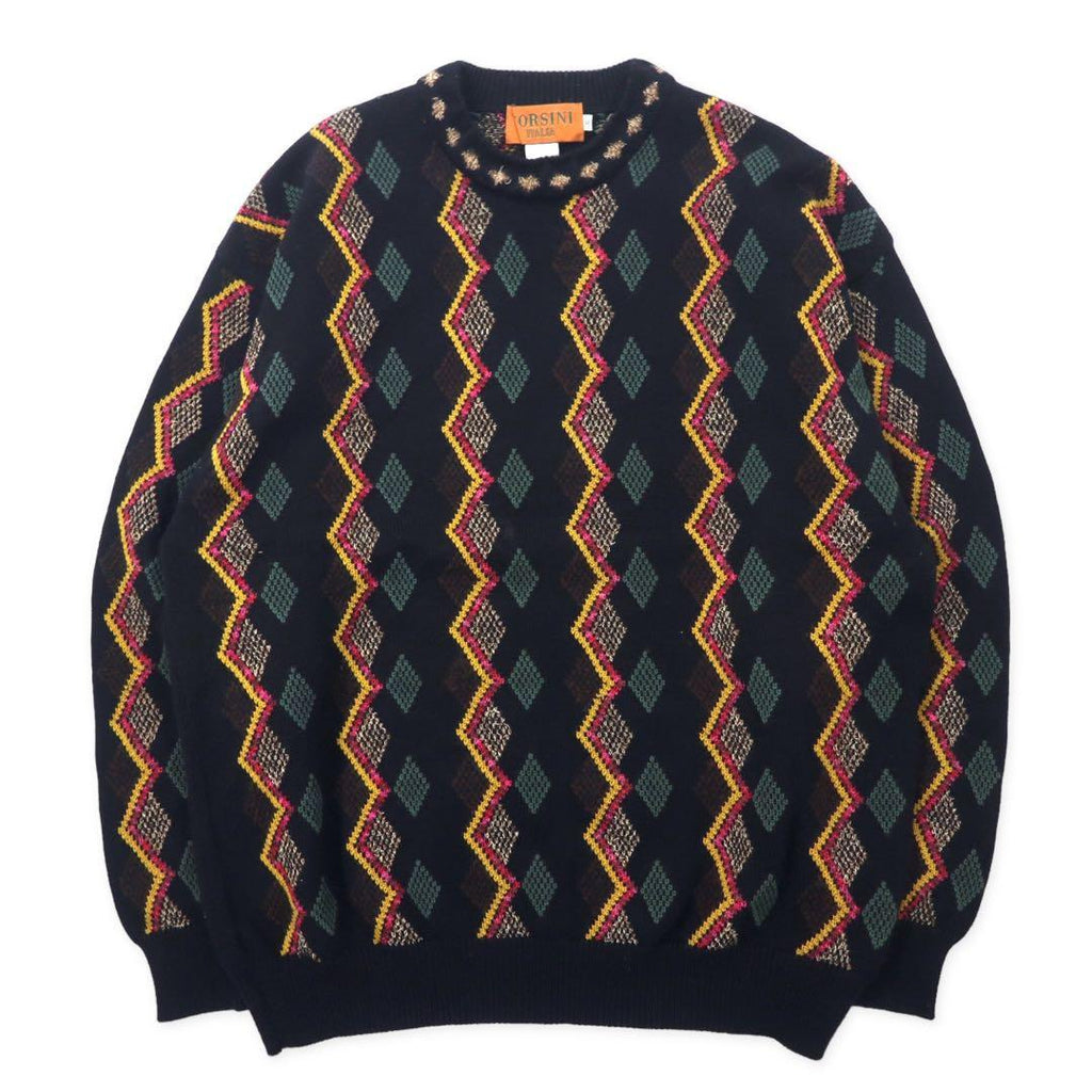CORSINI ITALIA 90's Allover Design Knit Sweater 3L Black Wool Big Size Made in Japan