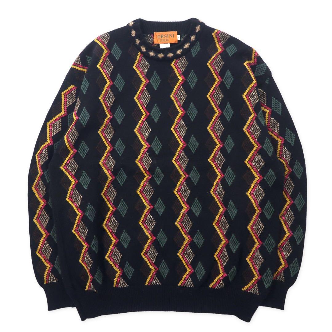 CORSINI ITALIA 90's Allover Design Knit Sweater 3L Black Wool Big Size Made in Japan