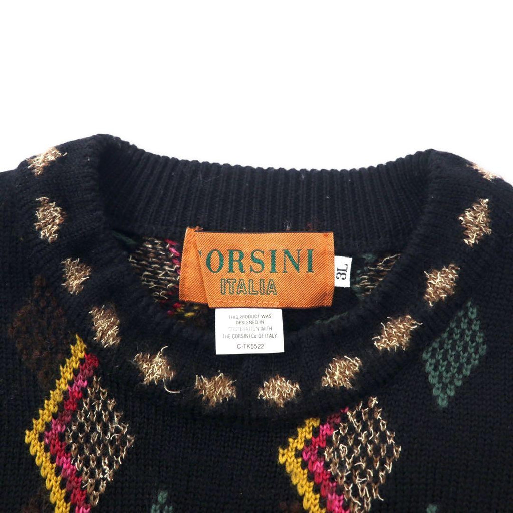 CORSINI ITALIA 90's Allover Design Knit Sweater 3L Black Wool Big Size Made in Japan