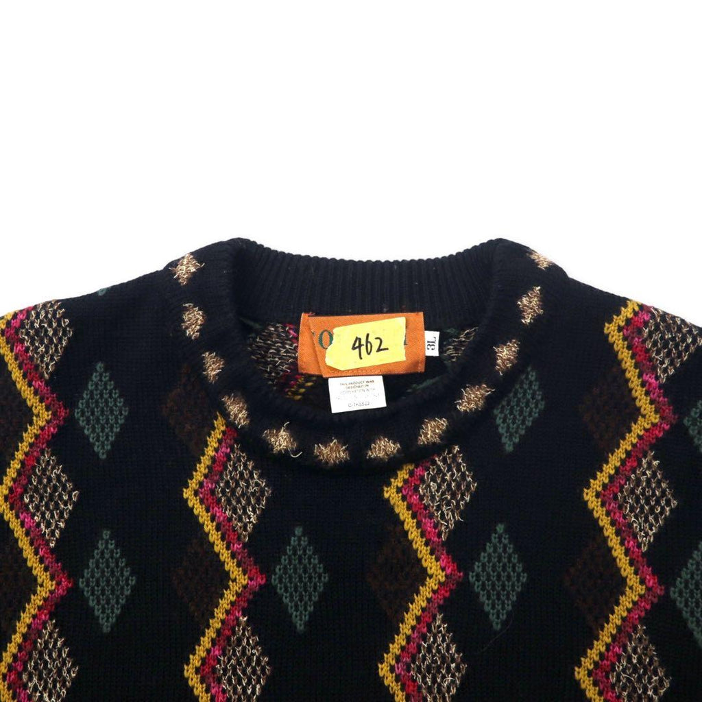 CORSINI ITALIA 90's Allover Design Knit Sweater 3L Black Wool Big Size Made in Japan