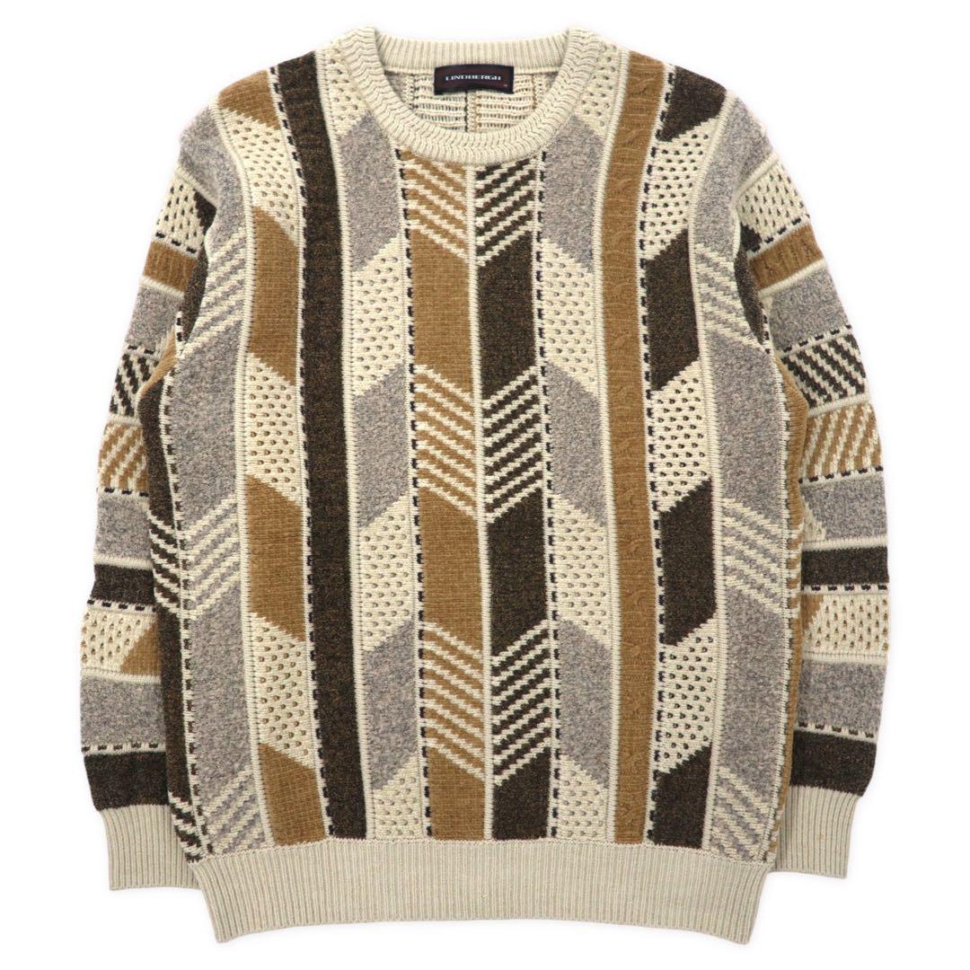 LINDBERGH 3D knit sweater M beige acrylic all over pattern different materials switching