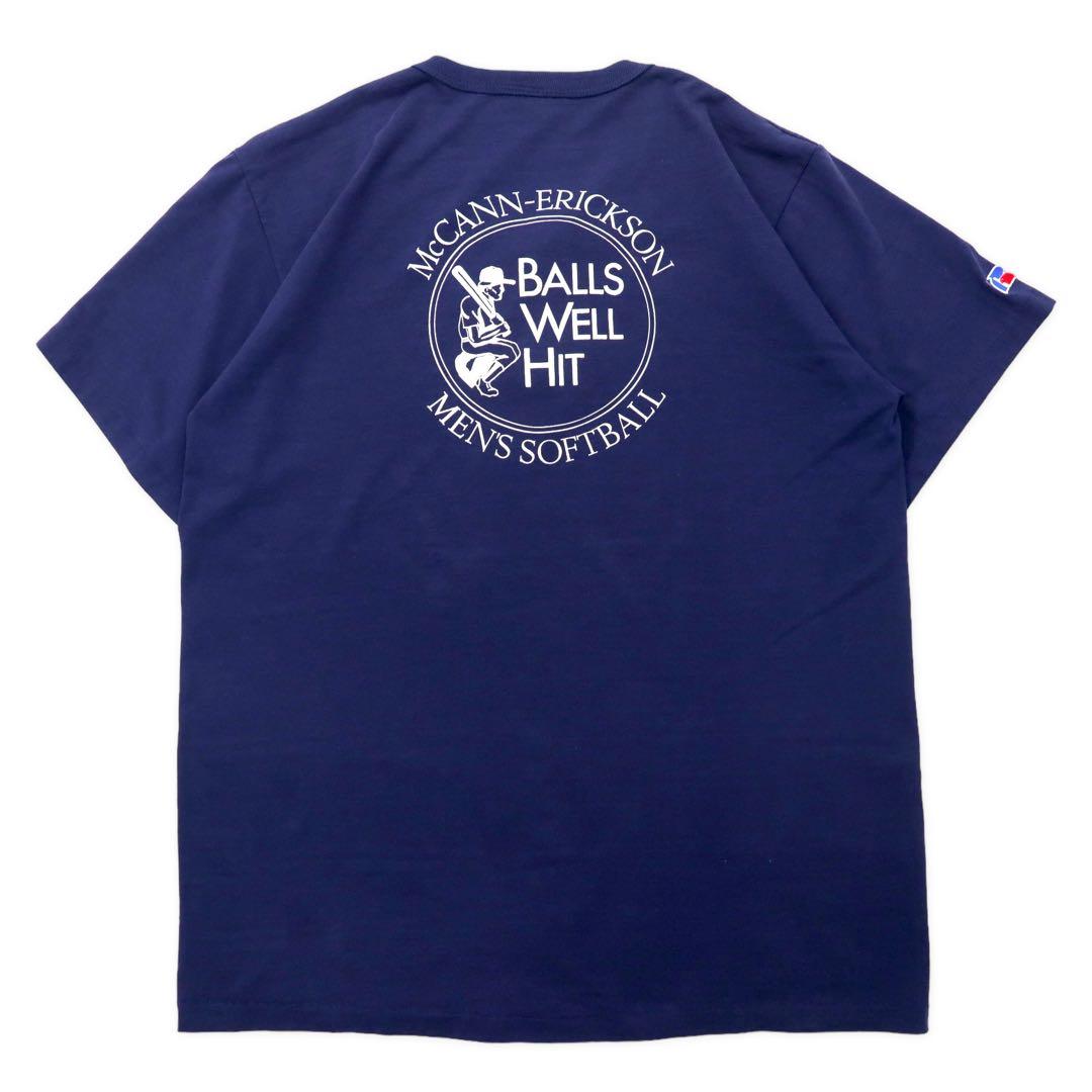 USA製 RUSSELL ATHLETIC 80年代 ヘンリーネック Tシャツ XL ネイビー コットン バックプリント McCANN-ERICKSON MEN'S SOFTBALL