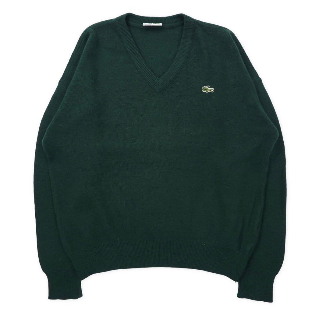 CHEMISE LACOSTE Made in France 80's French Lacoste V-neck Acrylic Knit Sweater 4 Green Wool One Point Logo Big Size