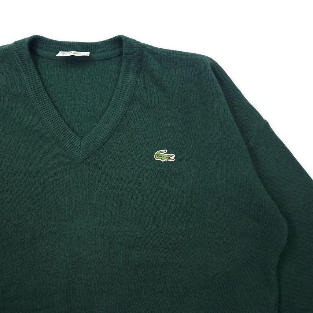 CHEMISE LACOSTE Made in France 80's French Lacoste V-neck Acrylic Knit Sweater 4 Green Wool One Point Logo Big Size