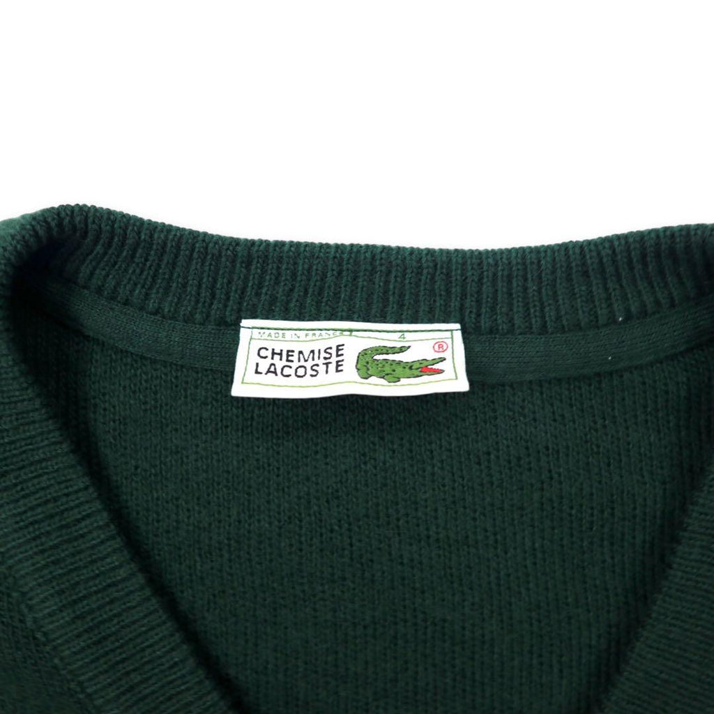 CHEMISE LACOSTE Made in France 80's French Lacoste V-neck Acrylic Knit Sweater 4 Green Wool One Point Logo Big Size