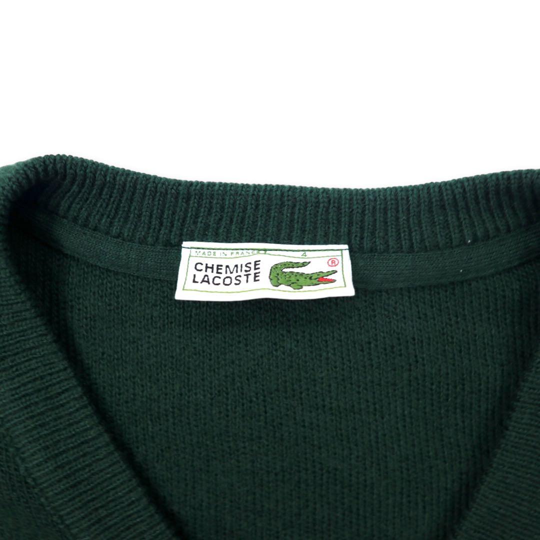 CHEMISE LACOSTE Made in France 80's French Lacoste V-neck Acrylic Knit Sweater 4 Green Wool One Point Logo Big Size