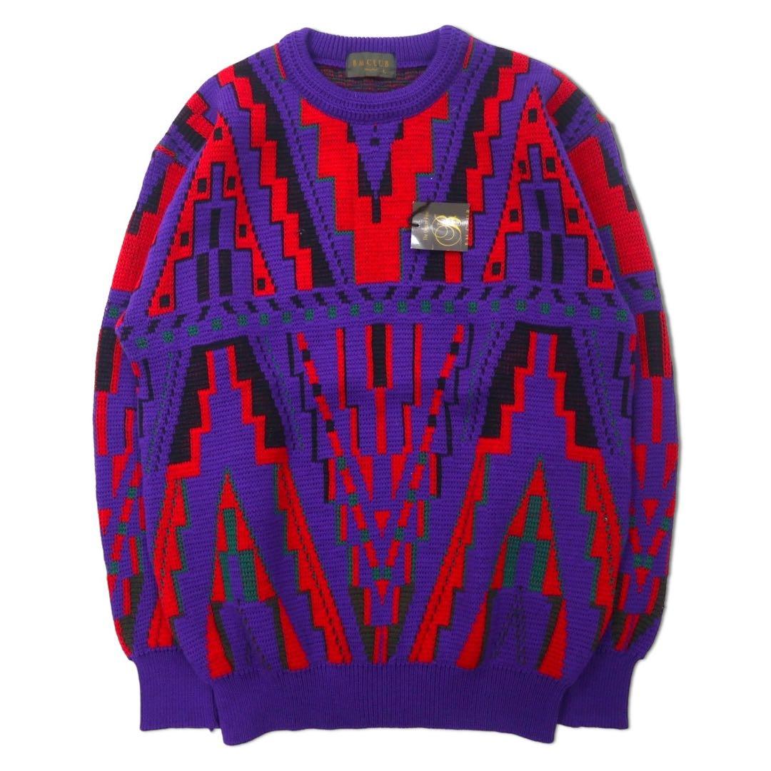 BM CLUB 90's All-over pattern knit sweater L Red Blue Acrylic Wool Made in Japan Unused item